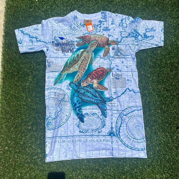 VTG 90s AOP Turtle Artwork Nature Tee - Picture 1 of 6